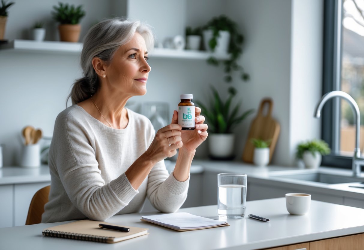 Mulher sentada à mesa da cozinha segurando um frasco de vitamina B12 e um copo de água, com expressão pensativa.