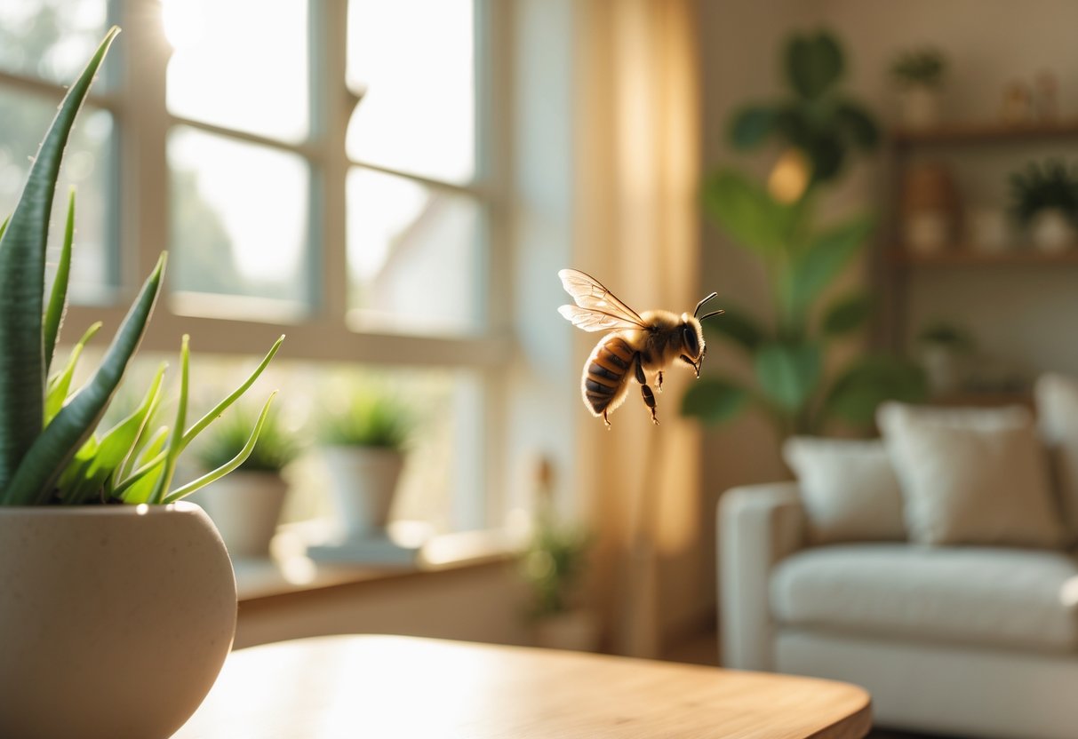 Uma abelha voando dentro de uma sala de estar aconchegante e iluminada, com móveis e plantas ao fundo.
