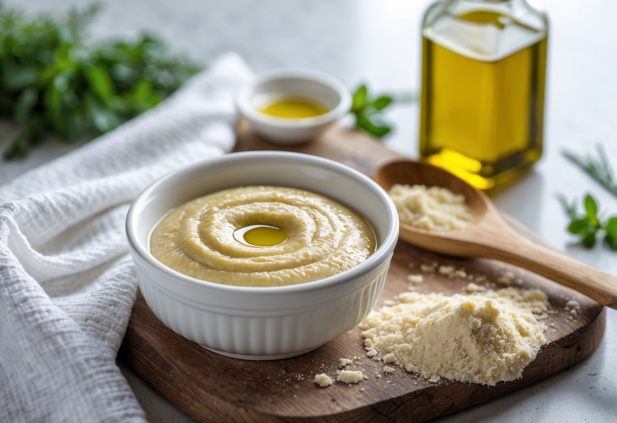 Bowl com papa de farinha e azeite em bancada de cozinha com colher, garrafa de azeite e farinha ao redor.