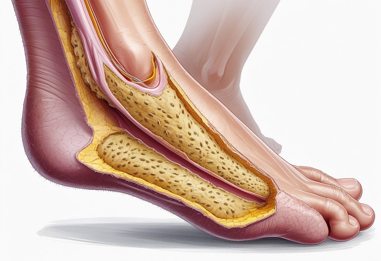 Ilustração detalhada do calcanhar humano com pele seca, rachada e espessa, semelhante à casca de maracujá.