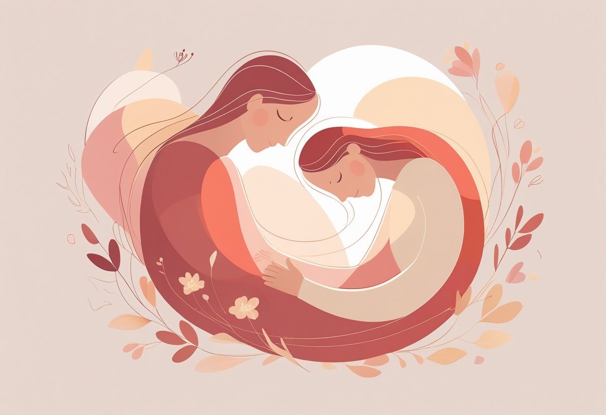 Duas figuras humanas abstratas em uma pose íntima e acolhedora, com elementos florais delicados ao redor.