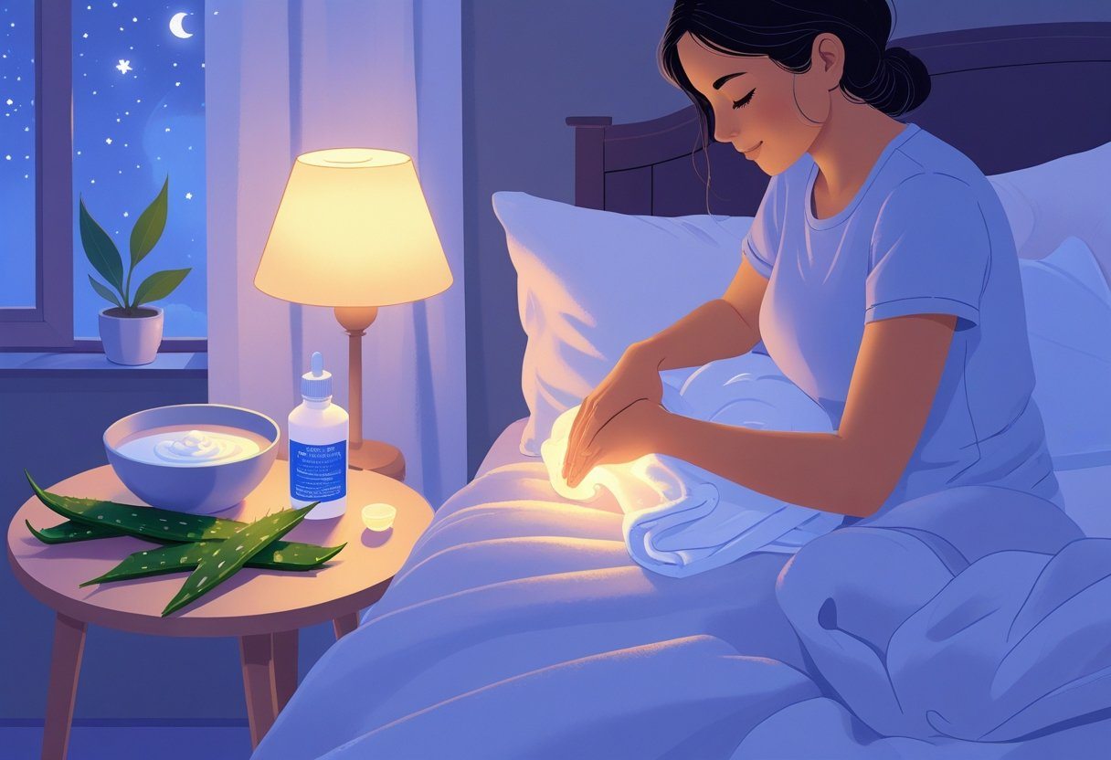 Pessoa aplicando compressa morna no braço para tratar furúnculo durante a noite, com itens naturais e ambiente tranquilo ao redor.