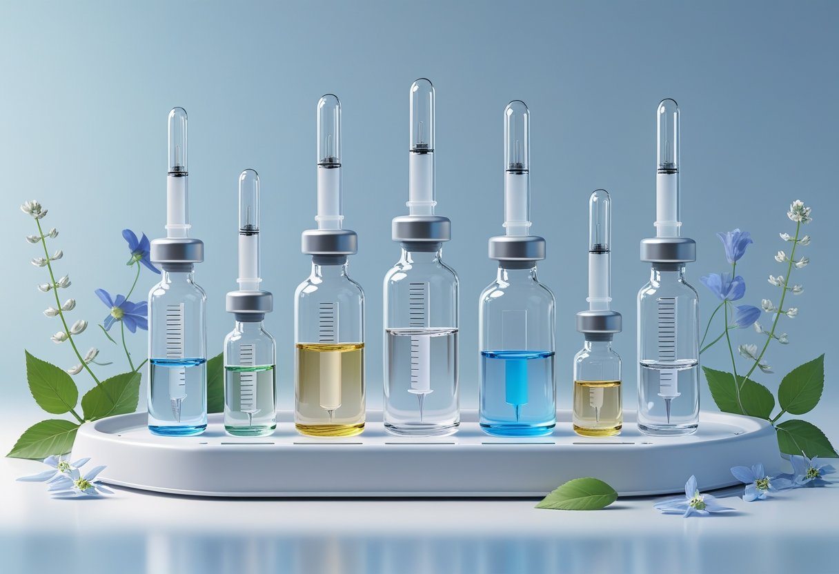 Vários frascos de vidro e seringas organizados em uma bandeja médica, com elementos botânicos ao redor, representando anticoncepcionais injetáveis.