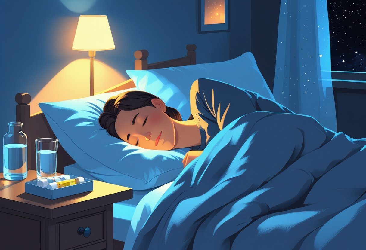 Pessoa dormindo tranquilamente em um quarto à noite com uma mesa de cabeceira contendo um copo d'água e frascos de remédio.