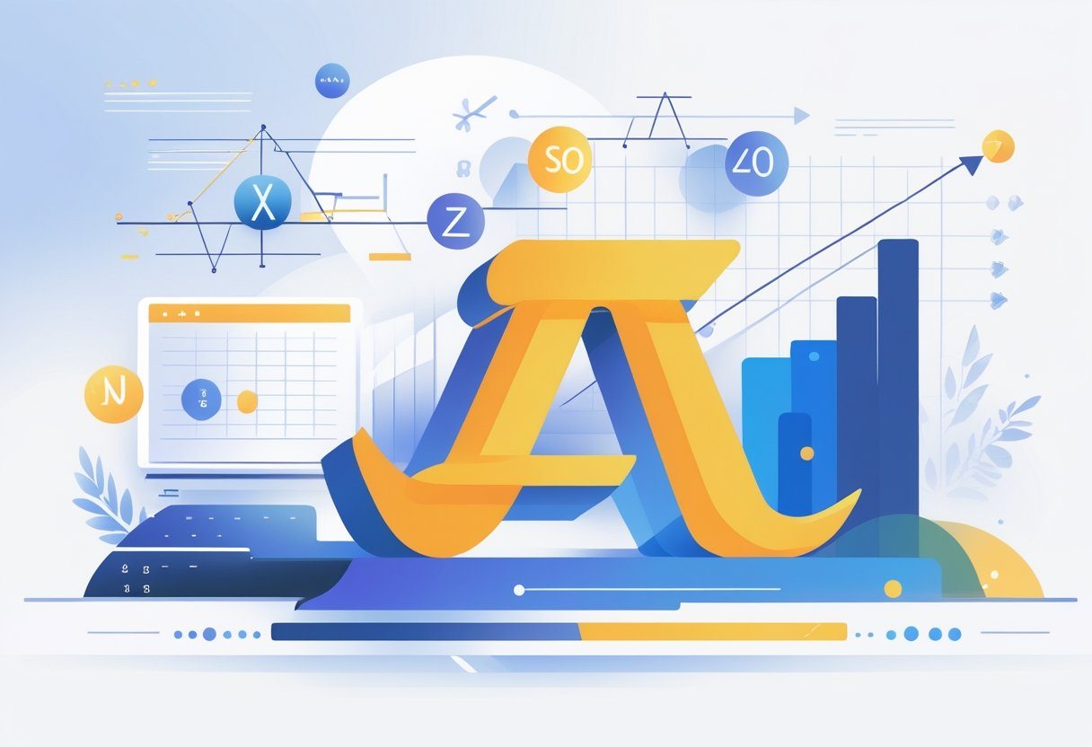Ilustração mostrando o símbolo sigma grande no centro, rodeado por gráficos, fórmulas matemáticas e pontos de dados.
