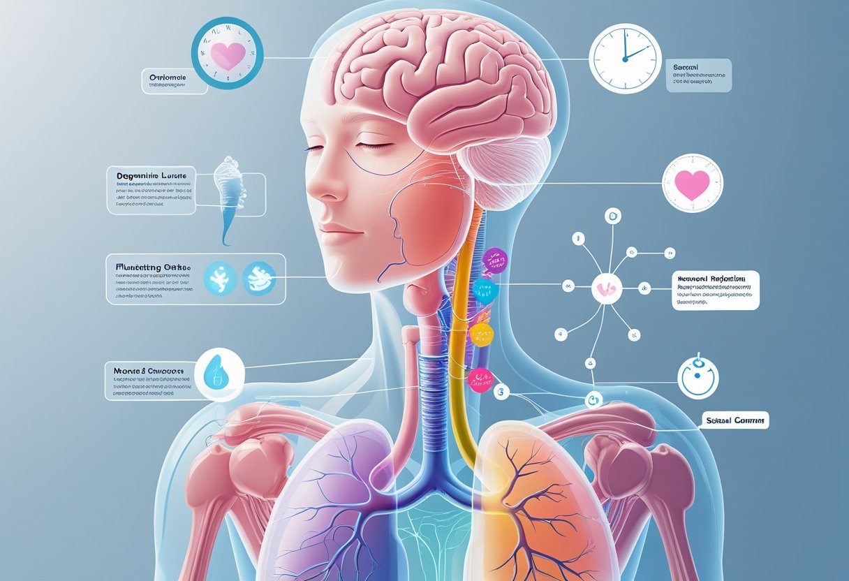 Figura humana mostrando áreas do corpo relacionadas a mudanças físicas e emocionais causadas pela ausência de atividade sexual.