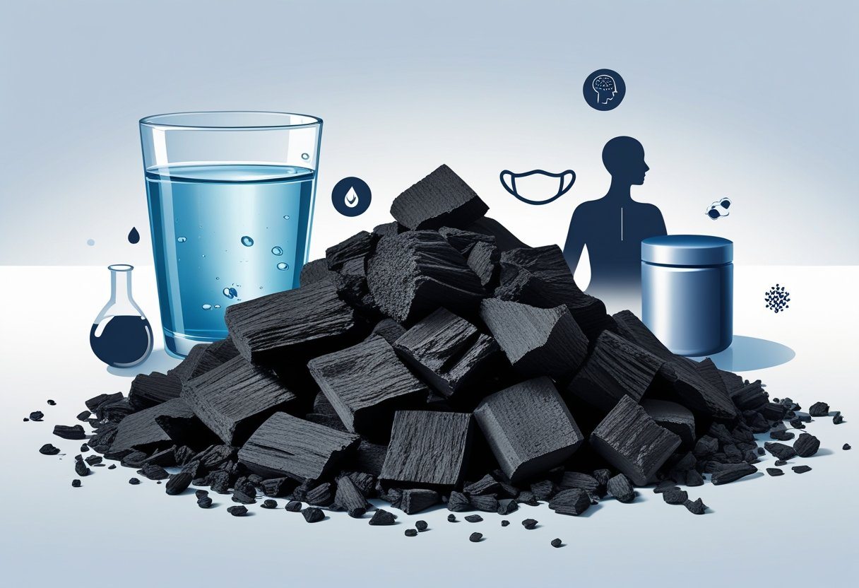 Ilustração mostrando carvão ativado com elementos que representam purificação de água, saúde digestiva, cuidados com a pele e purificação do ar.