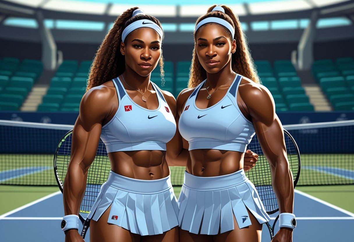 Duas irmãs das tenistas Serena e Venus Williams em uma quadra de tênis, segurando raquetes e com expressões confiantes.