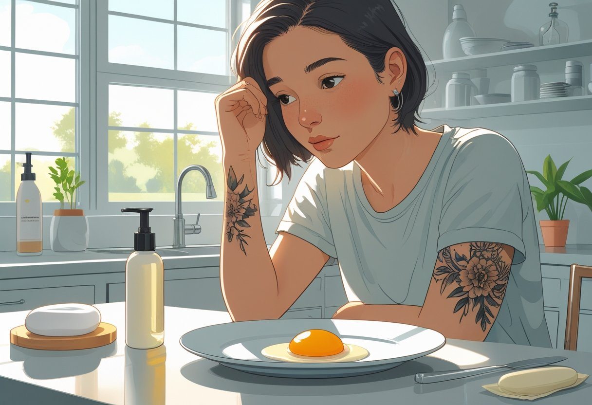 Pessoa olhando para um prato com ovo cozido enquanto tem uma tatuagem recente no antebraço, em uma cozinha iluminada.