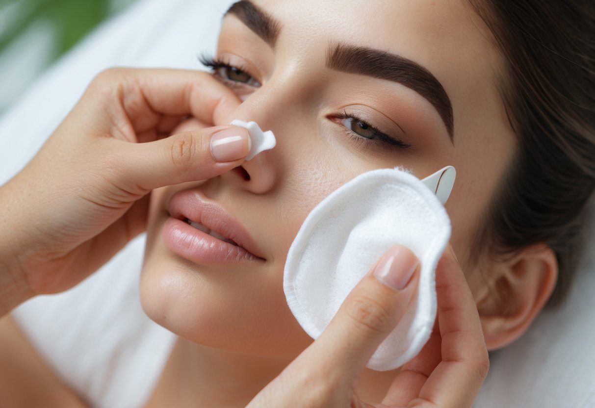 Mulher removendo henna das sobrancelhas com um algodão.