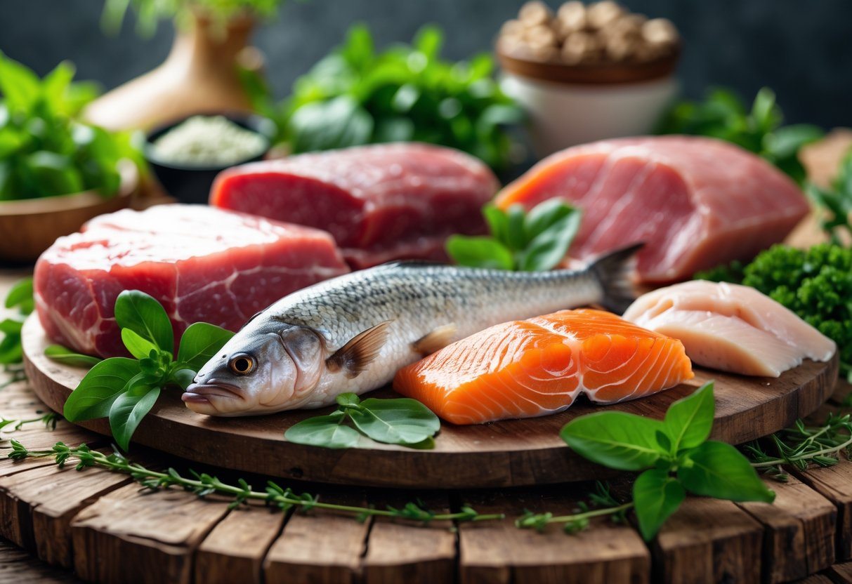 Alimentos naturais ricos em creatina, como carne vermelha crua, peixe e aves, dispostos sobre uma mesa de madeira com folhas verdes ao redor.