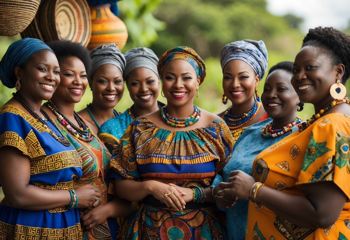 Grupo de mulheres africanas sorrindo e interagindo em ambiente ao ar livre com roupas tradicionais coloridas.
