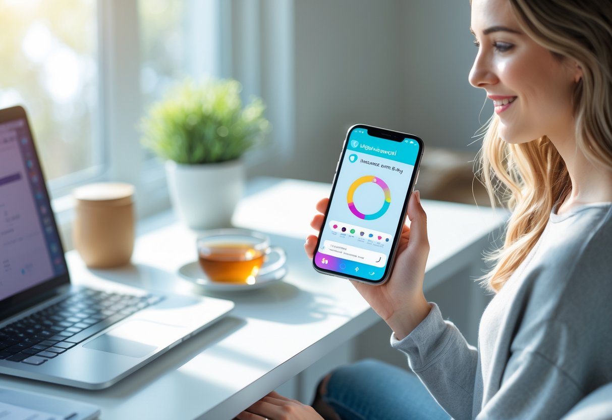 Mulher jovem usando um smartphone para acompanhar seu ciclo menstrual em um ambiente de trabalho moderno e iluminado.