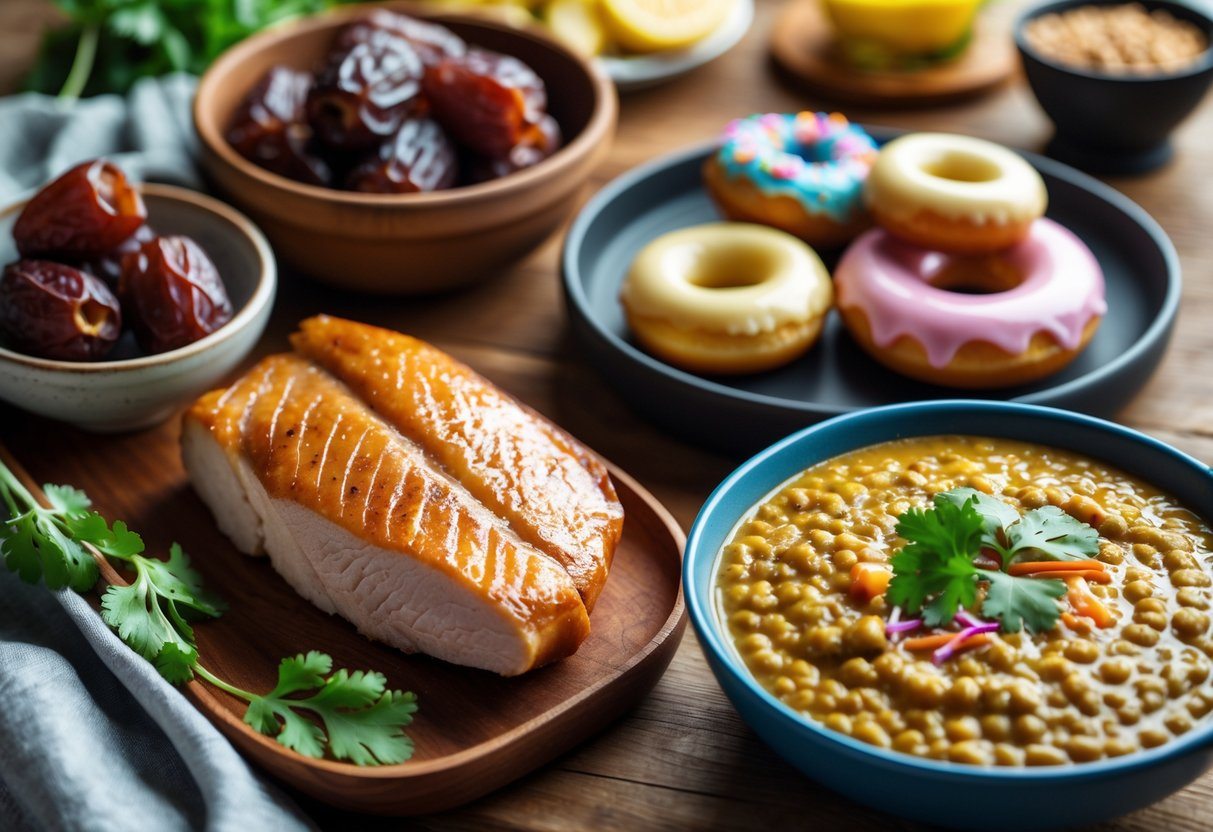 Vários alimentos começando com a letra D, incluindo peito de pato, tâmaras, donuts coloridos e um prato de dal com coentro, dispostos sobre uma mesa de madeira.