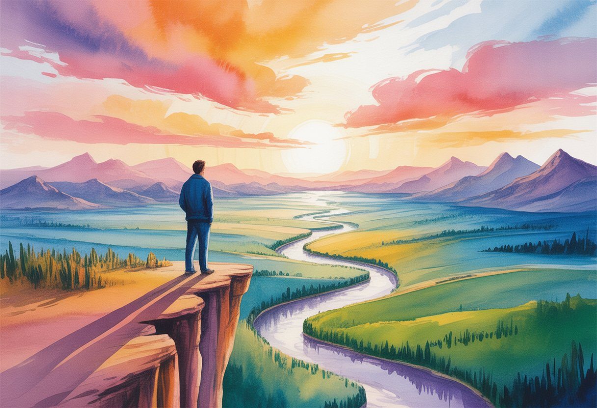 Pessoa em pé na beira de um penhasco olhando para uma paisagem vasta com rios, montanhas distantes e um céu ao pôr do sol.