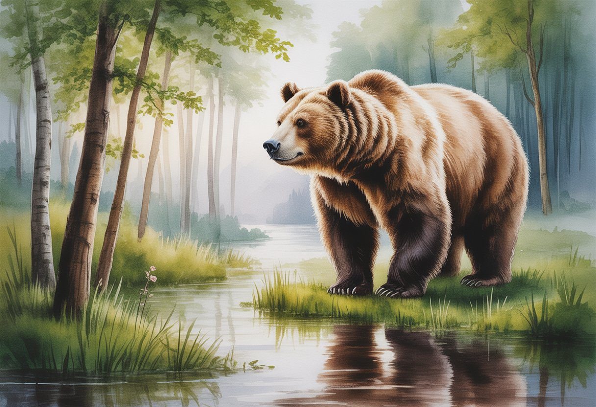 Um urso grande e majestoso em pé em uma floresta tranquila ao amanhecer, com árvores verdes e um riacho próximo refletindo o urso e a vegetação ao redor.