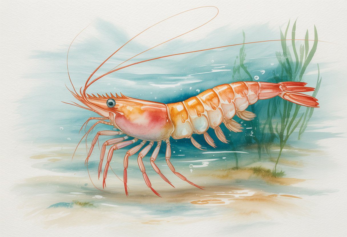 Um camarão em um ambiente aquático natural, com plantas submersas e bolhas ao redor.