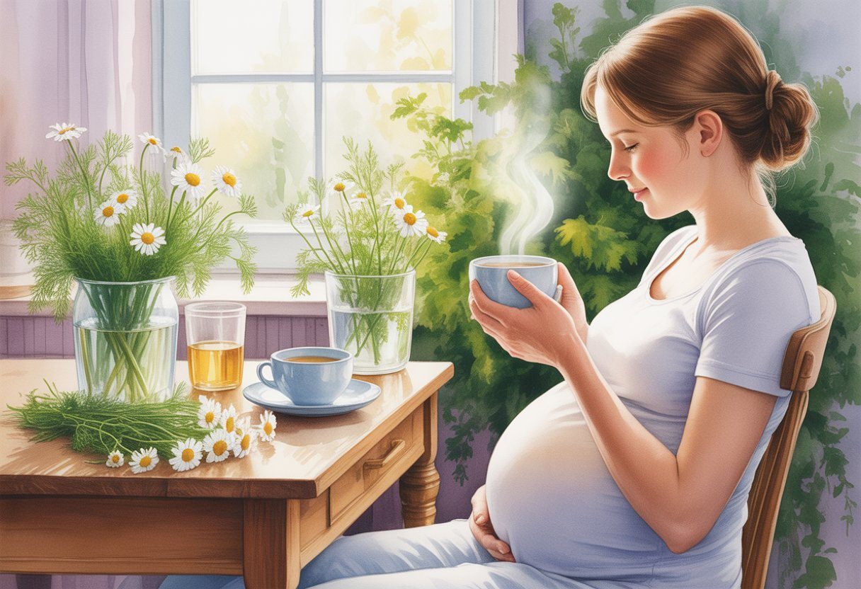 Mulher grávida sentada em uma cozinha aconchegante segurando uma xícara de chá, com erva doce e flores ao redor.