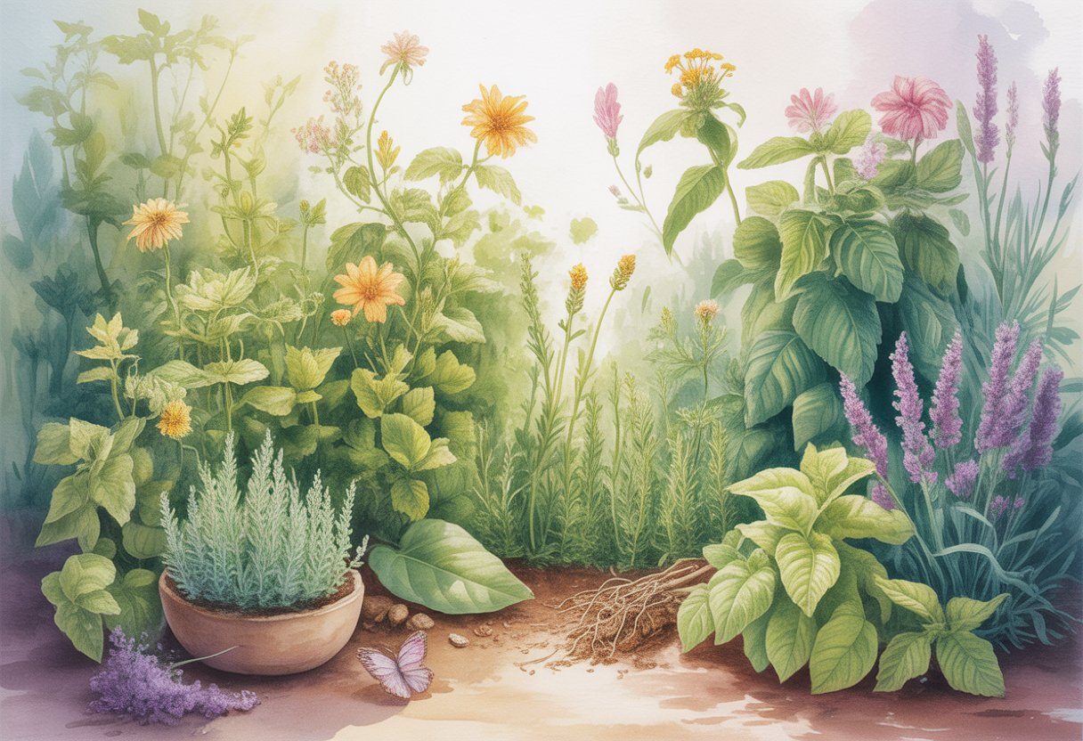 Um jardim tranquilo com diversas ervas floridas conhecidas por aumentar o desejo feminino, com folhas verdes e flores coloridas sob luz suave do sol.