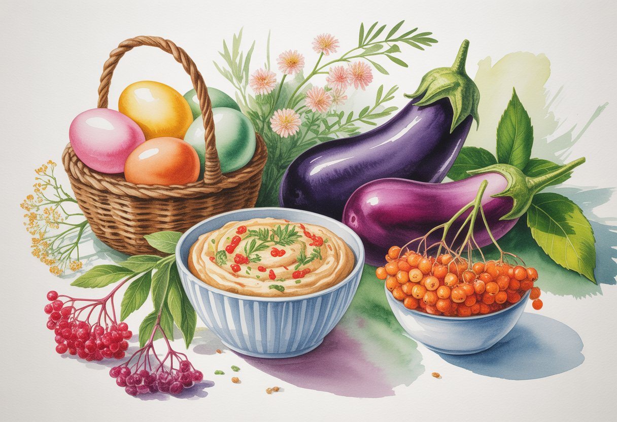 Vários alimentos que começam com a letra E, incluindo ovos, berinjela e bagas, dispostos juntos em uma cena natural e colorida.