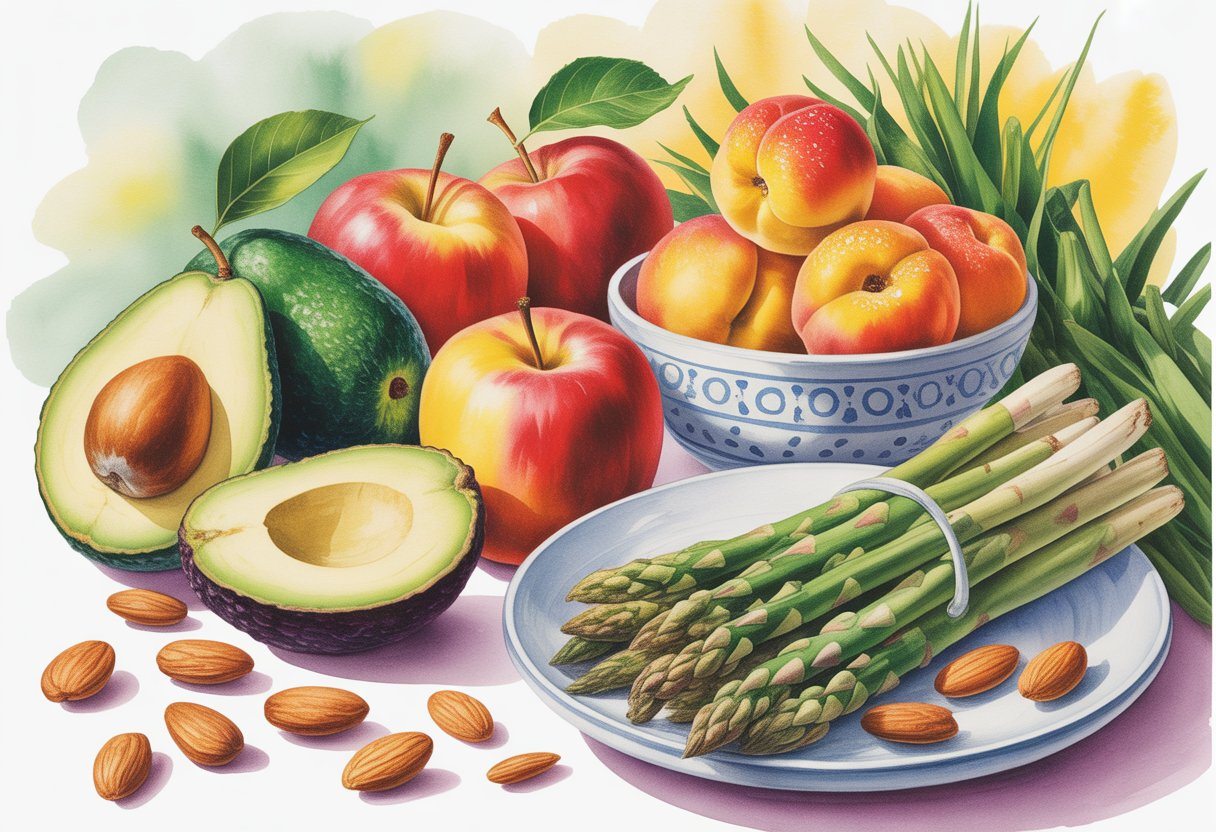 Uma pintura mostrando abacates, maçãs, damascos, aspargos e amêndoas dispostos juntos em uma mesa.