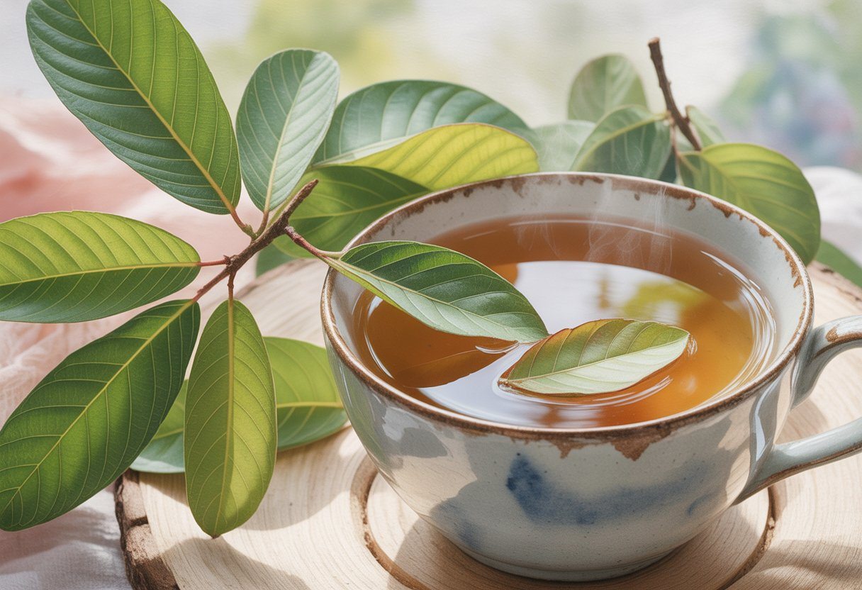 Xícara de chá com folhas de goiaba frescas ao redor, sobre uma superfície de madeira clara.