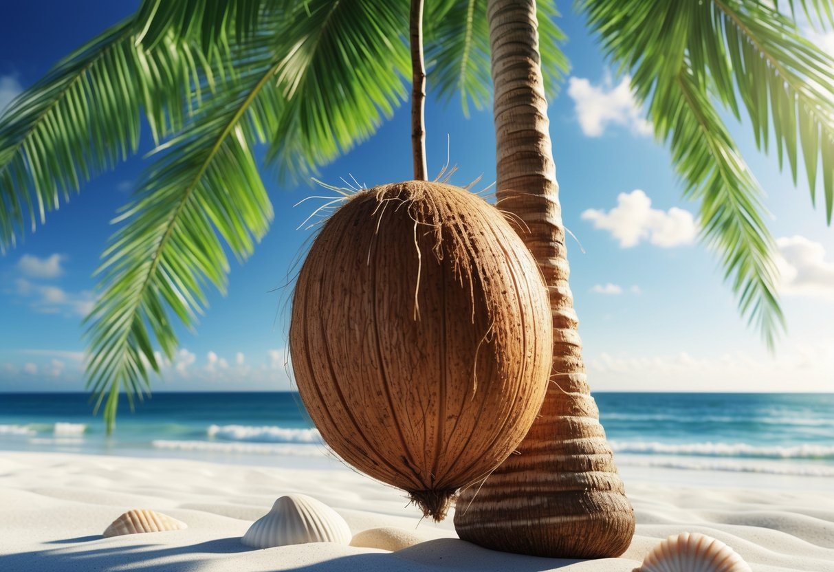 Uma árvore de coco em uma praia com um coco maduro pendurado, folhas verdes e areia branca ao redor.