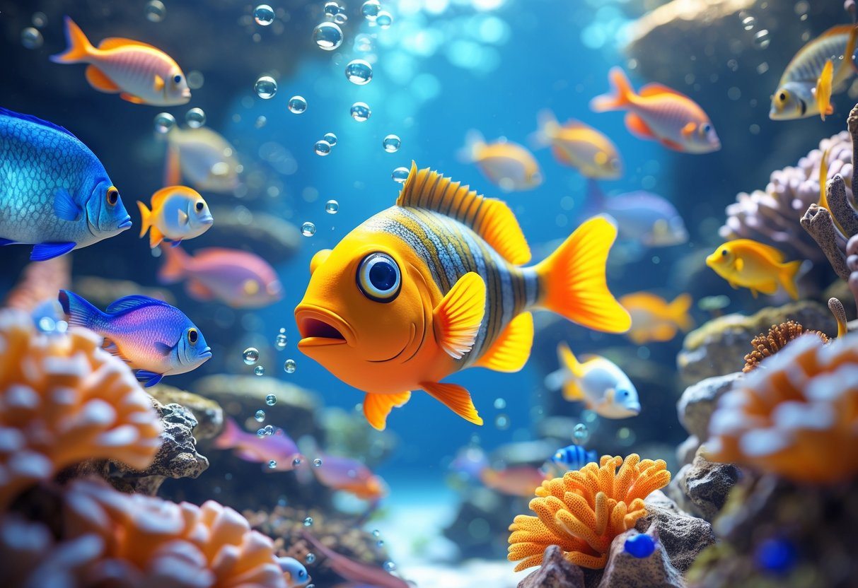 Cena subaquática com vários peixes coloridos nadando entre corais, destacando um peixe sem ventosa na cabeça.