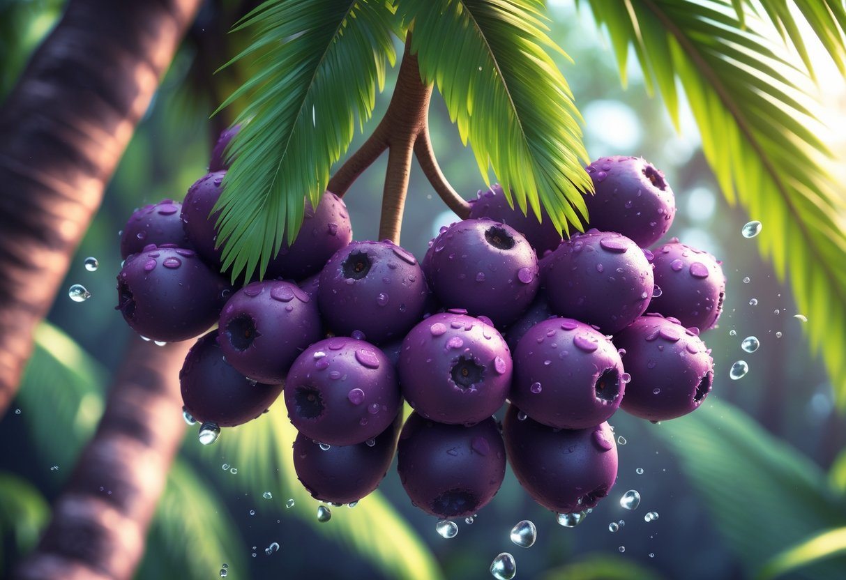 Close-up de um cacho de açaí roxo brilhante pendurado em um galho de palmeira com folhas verdes ao fundo.