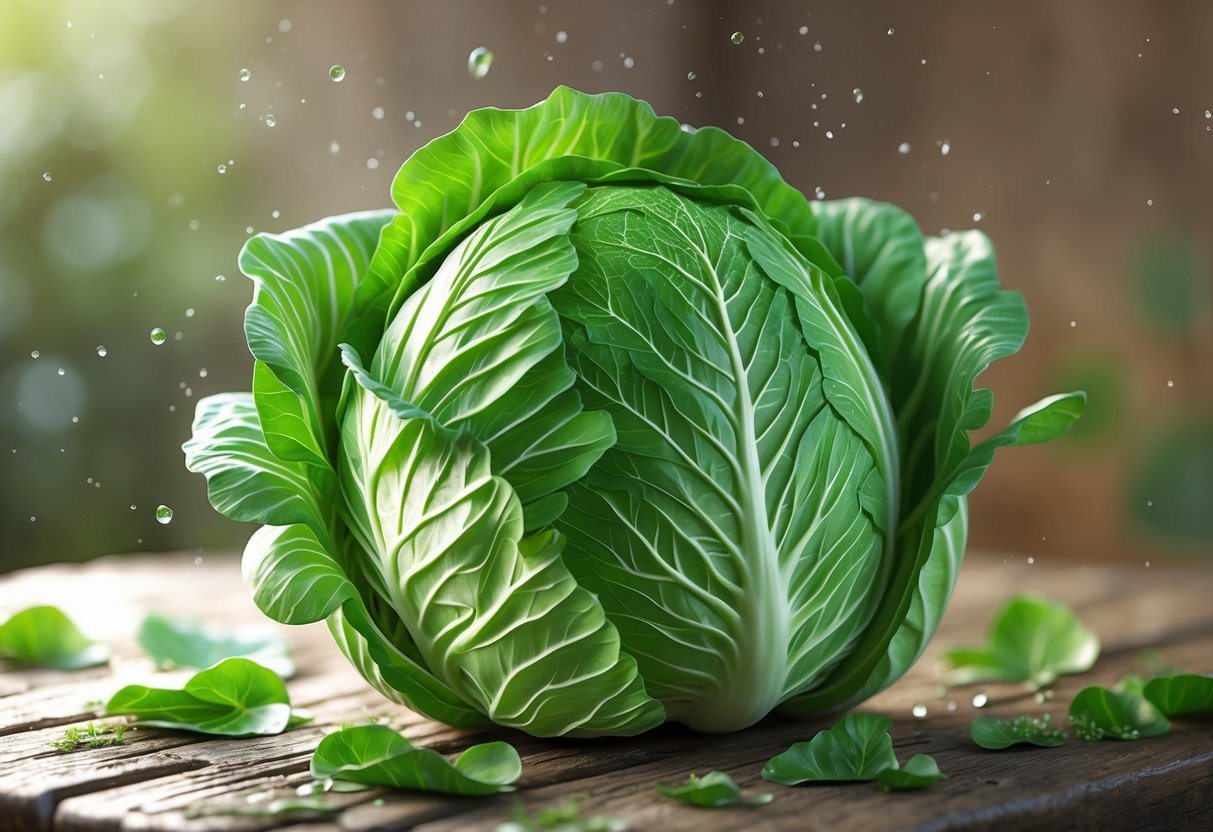 Repolho verde fresco sobre uma superfície de madeira rústica, com gotas de água e fundo desfocado.