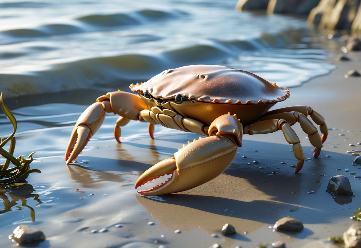 Um caranguejo em uma praia com areia molhada e pequenas ondas próximas, cercado por pedras e algas.