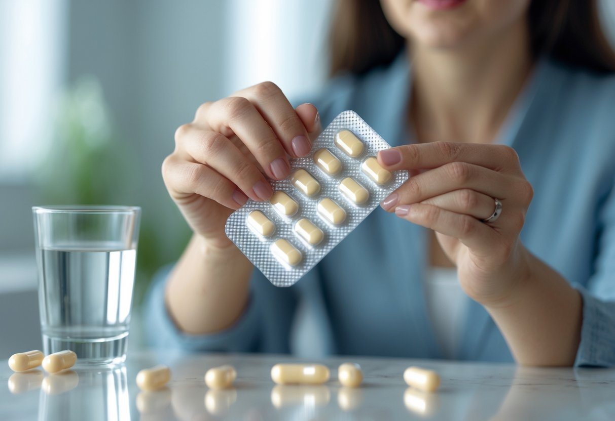 Mãos de uma mulher segurando um blister de pílulas com um comprimido parcialmente removido, em um ambiente interno iluminado, com um copo de água ao lado.