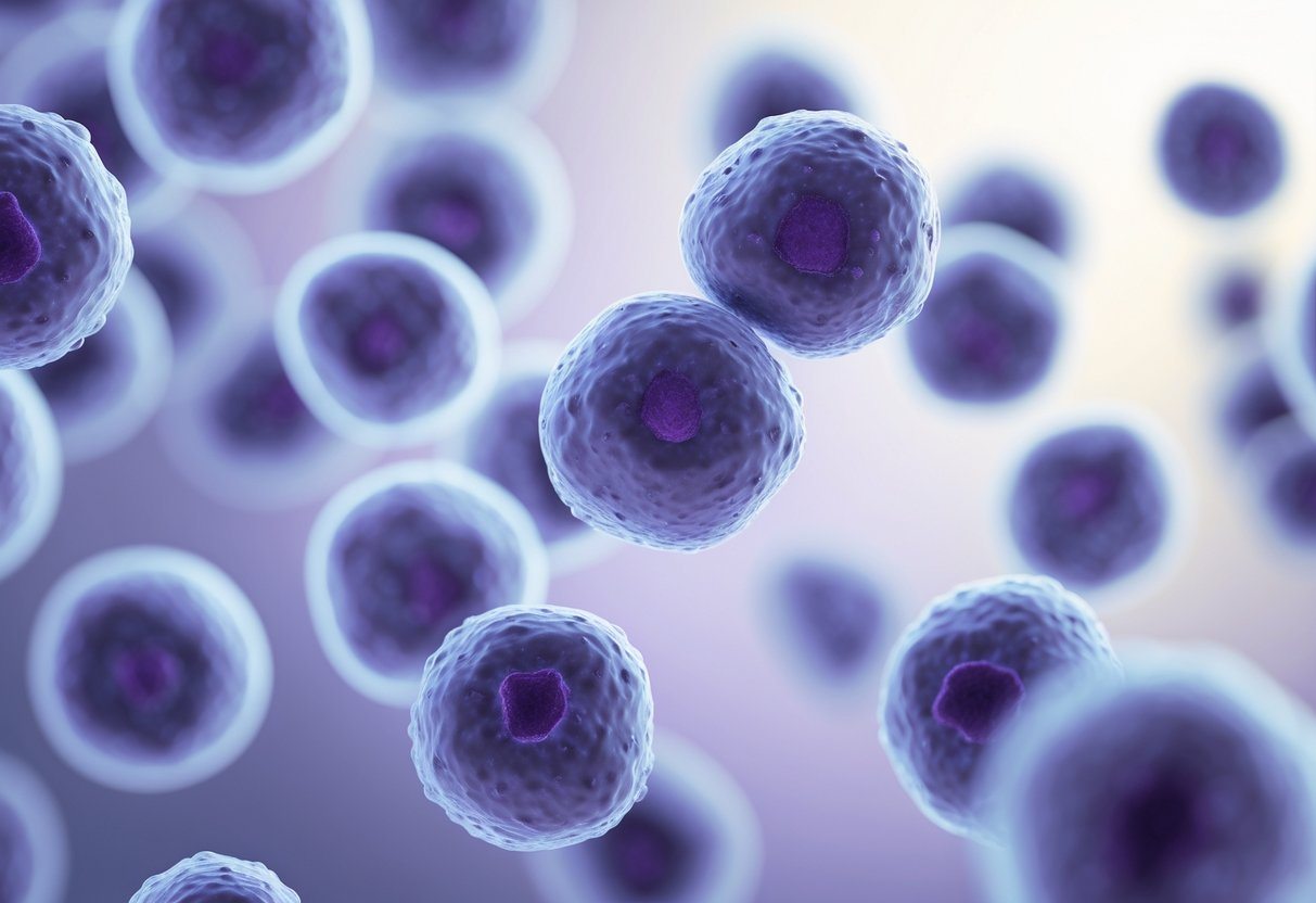 Imagem em close-up de vários linfócitos típicos vistos ao microscópio, mostrando células redondas com núcleo escuro e citoplasma claro.