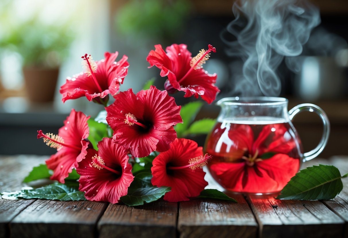 Flores vermelhas frescas de flor de Jamaica com folhas verdes e um bule de chá vermelho sobre uma mesa de madeira.