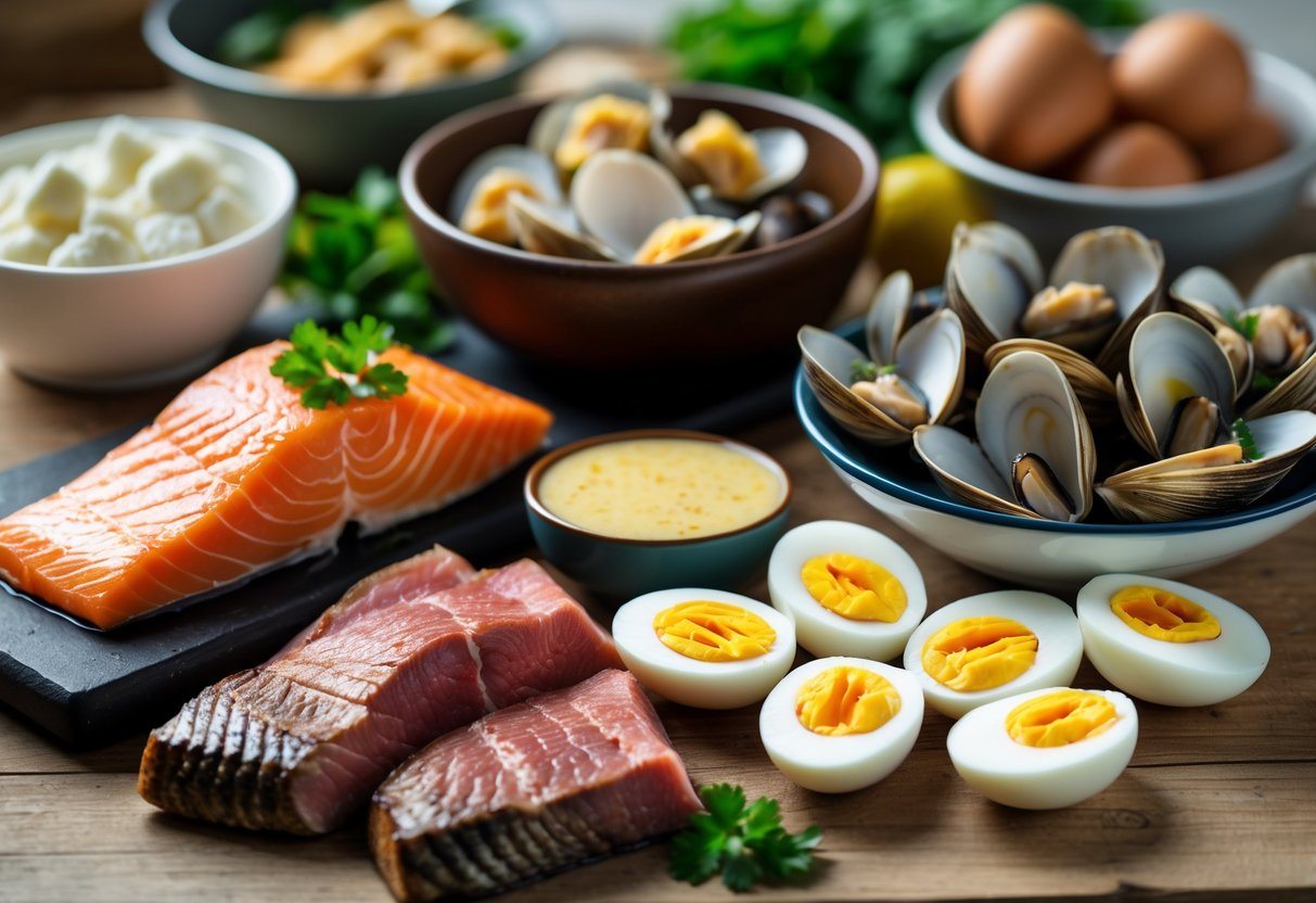 Vários alimentos ricos em vitamina B12 dispostos sobre uma mesa de madeira, incluindo salmão, carne bovina, mariscos, ovos cozidos e queijo.