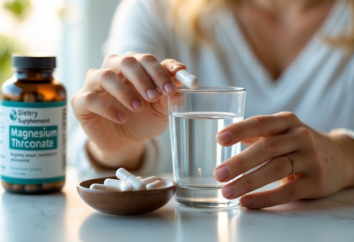 Mãos segurando um copo de água e uma cápsula, prestes a tomar um suplemento, com um frasco e cápsulas ao fundo.