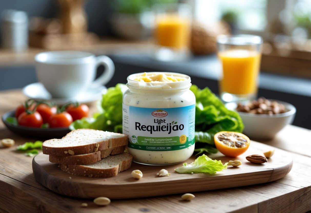 Pote de requeijão light em uma mesa com pão integral, tomate cereja, alface e nozes, ao fundo xícara de chá e copo de suco.