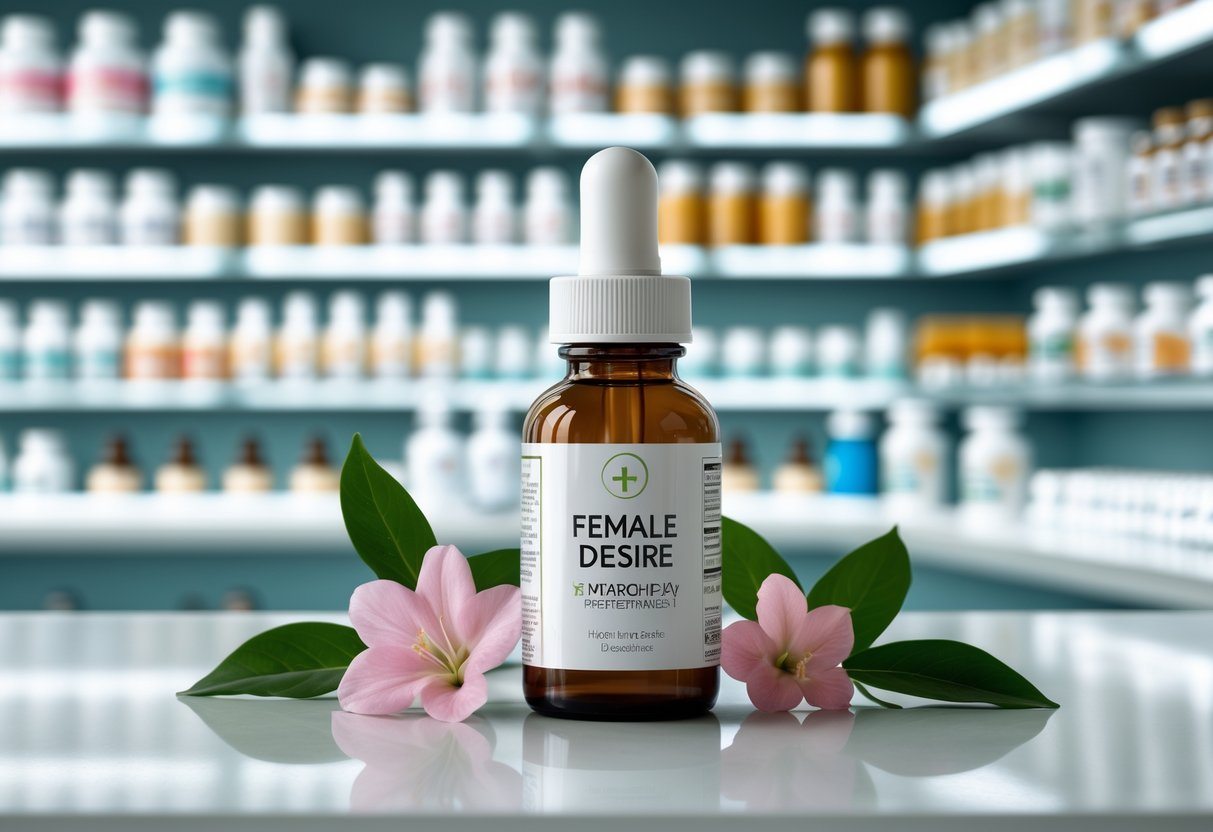 Frasco pequeno de remédio feminino sobre balcão de farmácia com folhas verdes e flores ao redor, prateleiras desfocadas ao fundo.