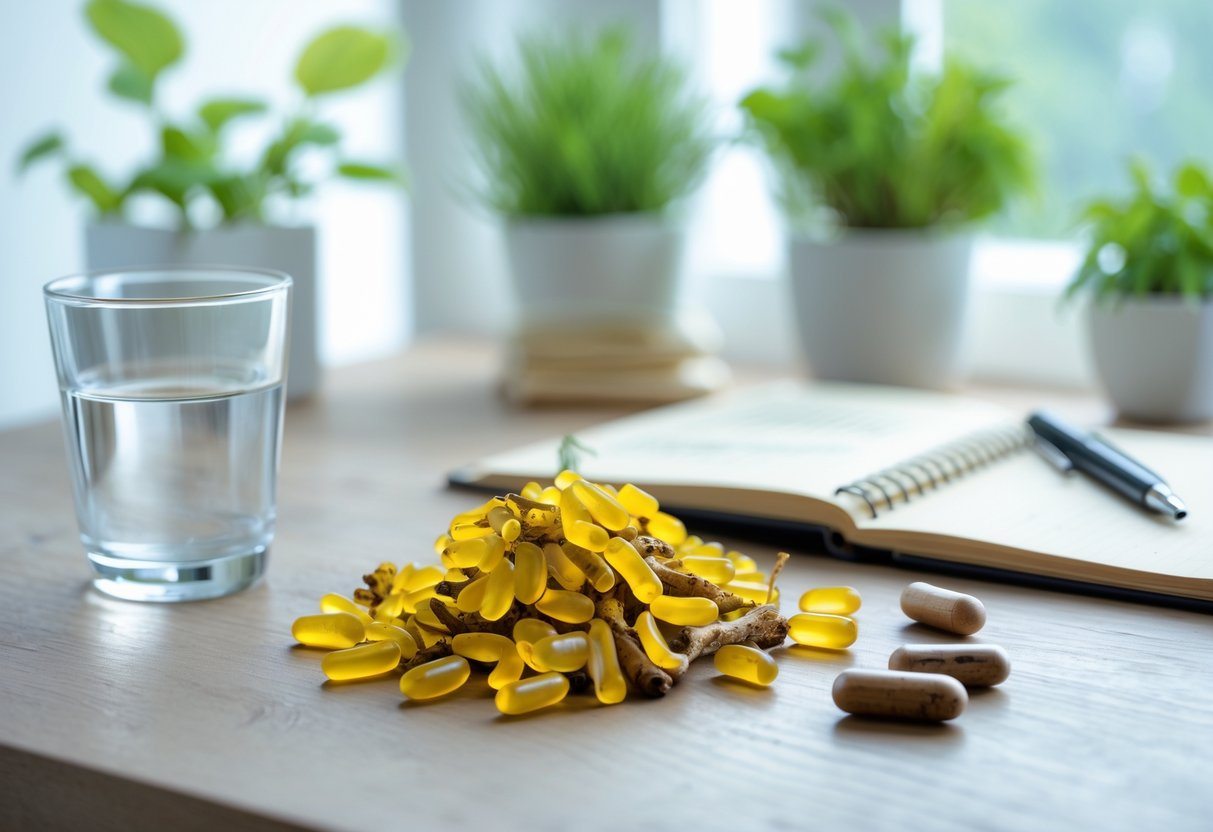 Mesa com raízes de berberina, cápsulas, copo de água e um caderno aberto em ambiente iluminado com plantas ao fundo.