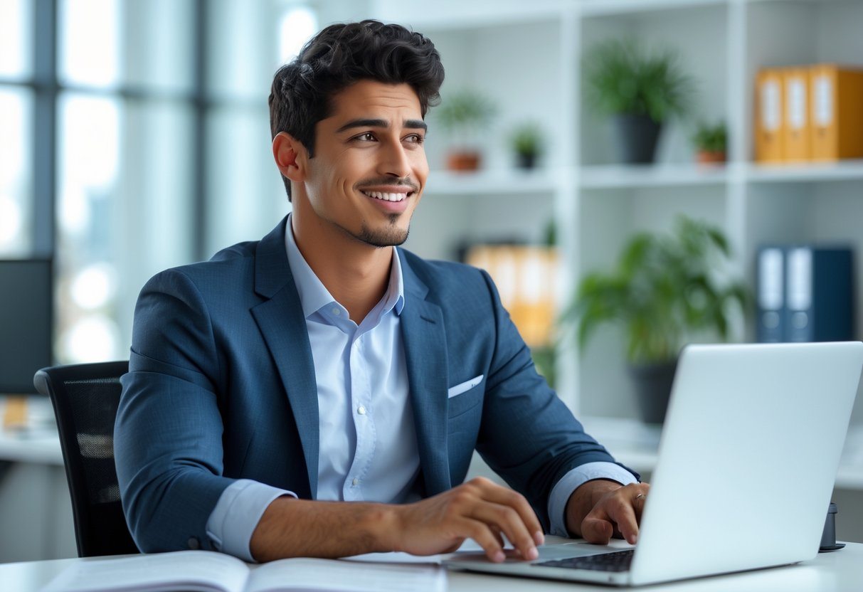 Homem jovem sentado em uma mesa de escritório moderna, sorrindo e olhando para o laptop em um ambiente claro e organizado.