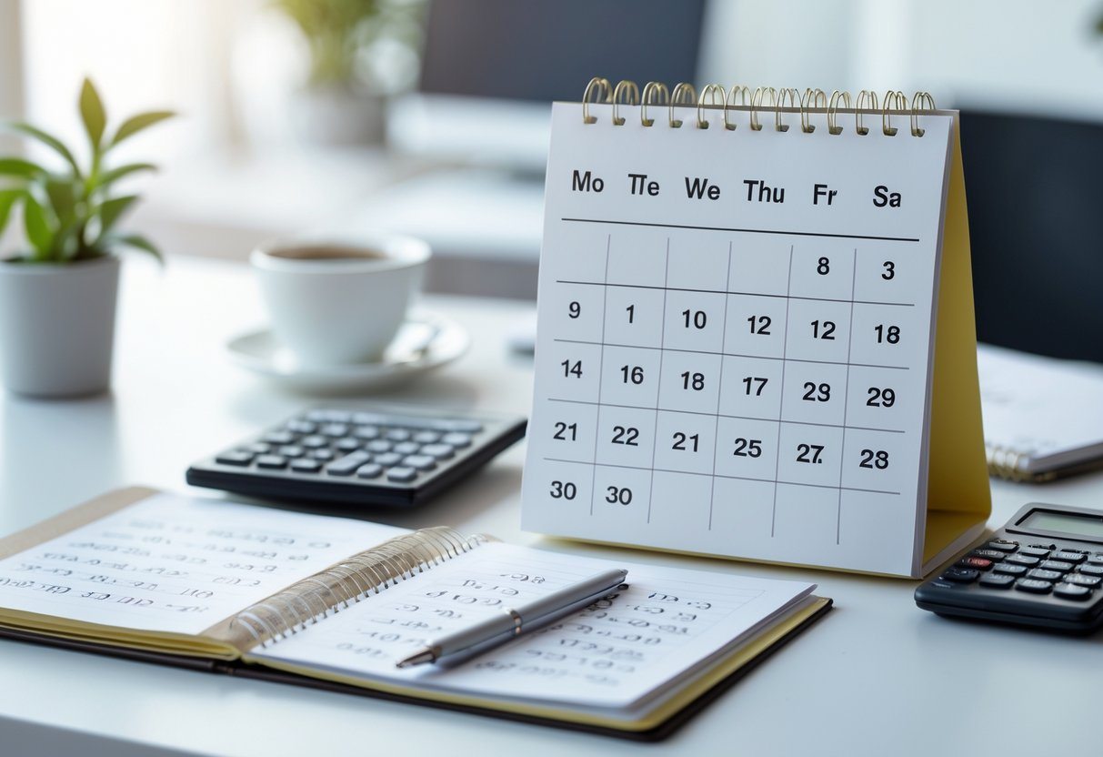 Mesa de trabalho com calendário, calculadora, caderno e caneta, representando o cálculo de semanas para meses.
