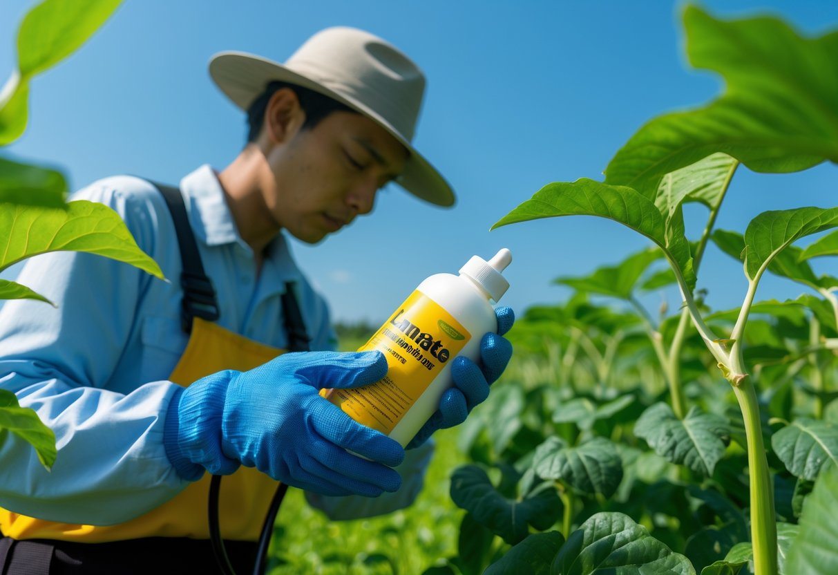 Agricultor segurando um frasco de inseticida em um campo verde com plantas saudáveis ao redor.