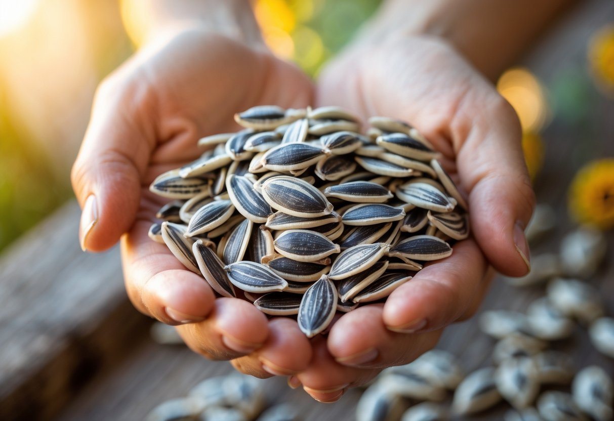Mão segurando sementes de girassol em close-up com fundo desfocado.