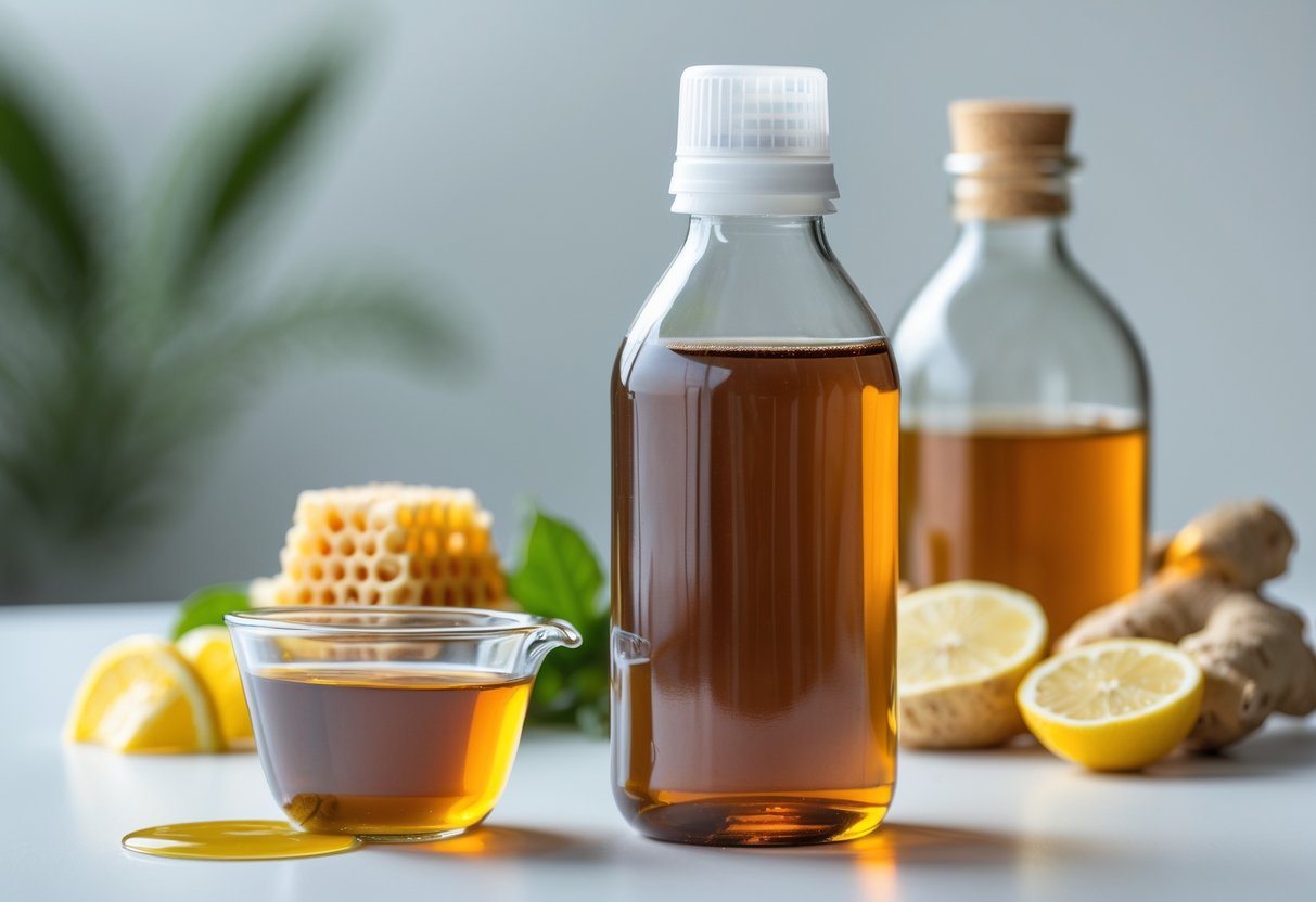 Frasco de xarope para tosse com copo medidor cheio, ao lado de ingredientes naturais como gengibre, mel e limão sobre uma superfície branca.