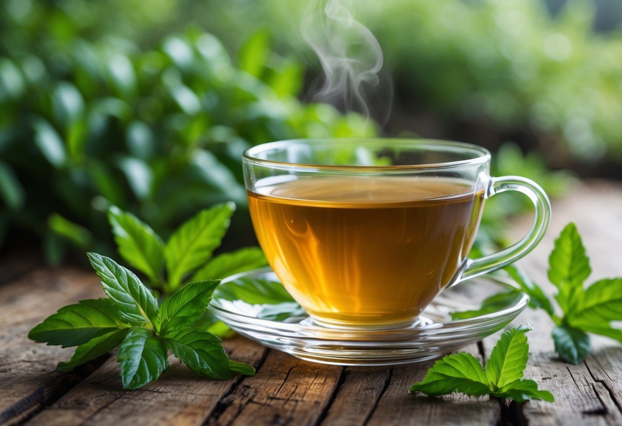 Xícara de chá de espinheira santa com folhas frescas da planta ao redor sobre uma mesa de madeira.