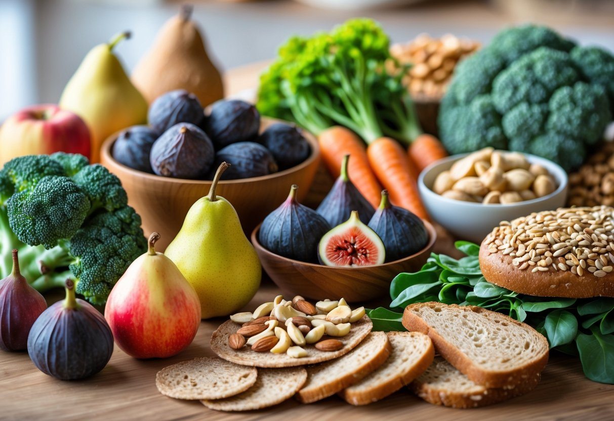Mesa com diversos alimentos naturais que ajudam a prender o intestino, incluindo frutas, legumes, pão integral e castanhas.