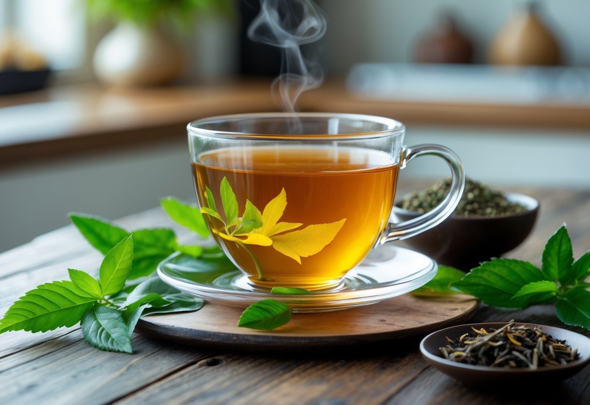 Xícara de chá de hotelã em uma mesa de madeira com folhas frescas e ervas secas ao redor, em um ambiente doméstico aconchegante.
