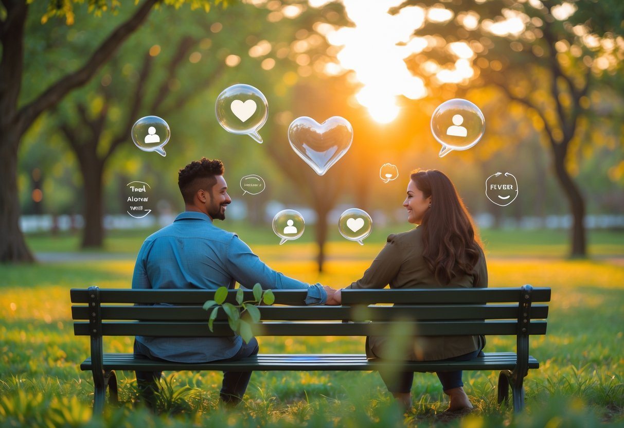 Casal diverso sentado em um banco de parque, sorrindo e de mãos dadas, cercado por símbolos sutis que representam os pilares de um relacionamento.