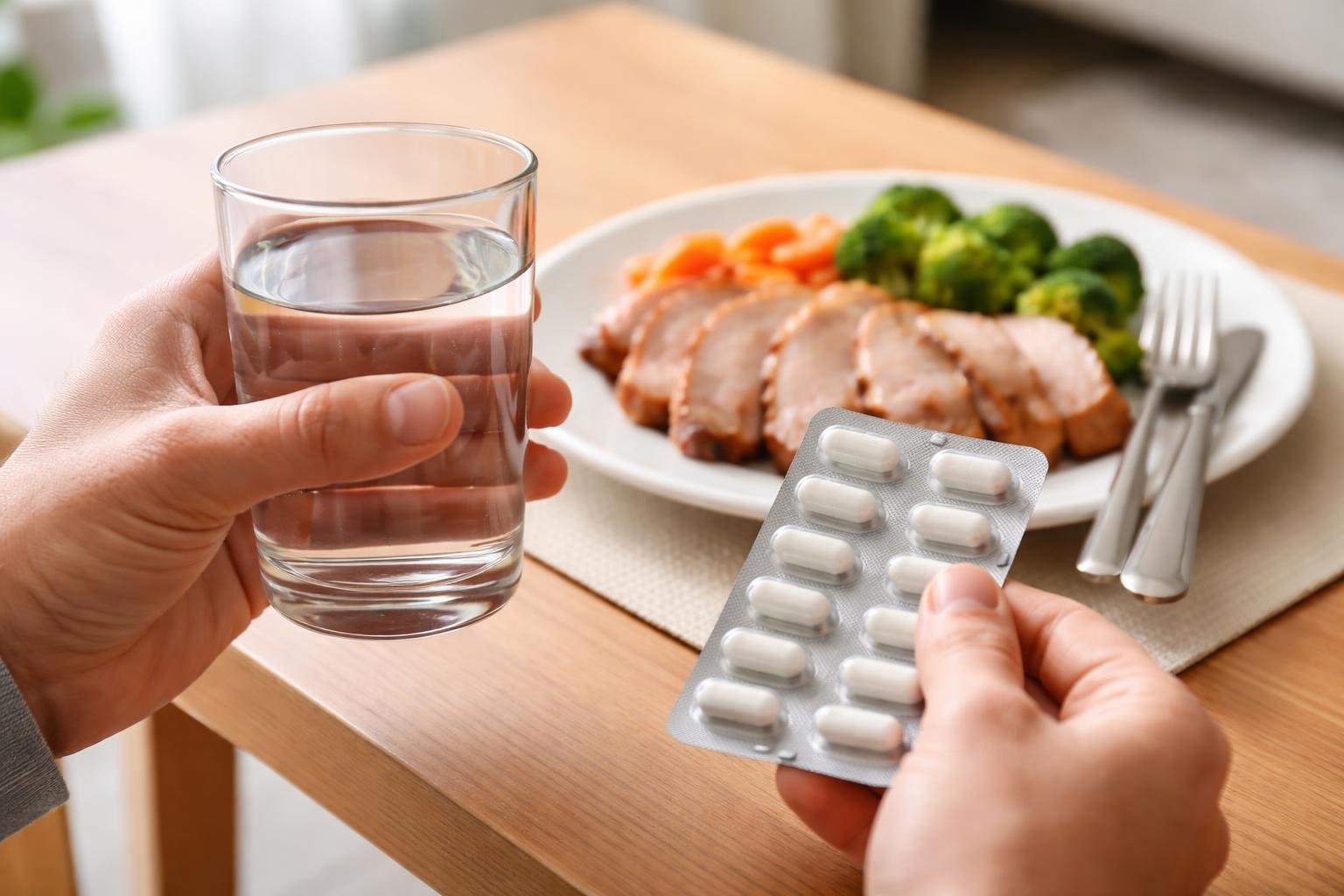 Pessoa segurando um copo de água e um blister de antibióticos próximo a um prato com carne de porco e legumes sobre uma mesa.