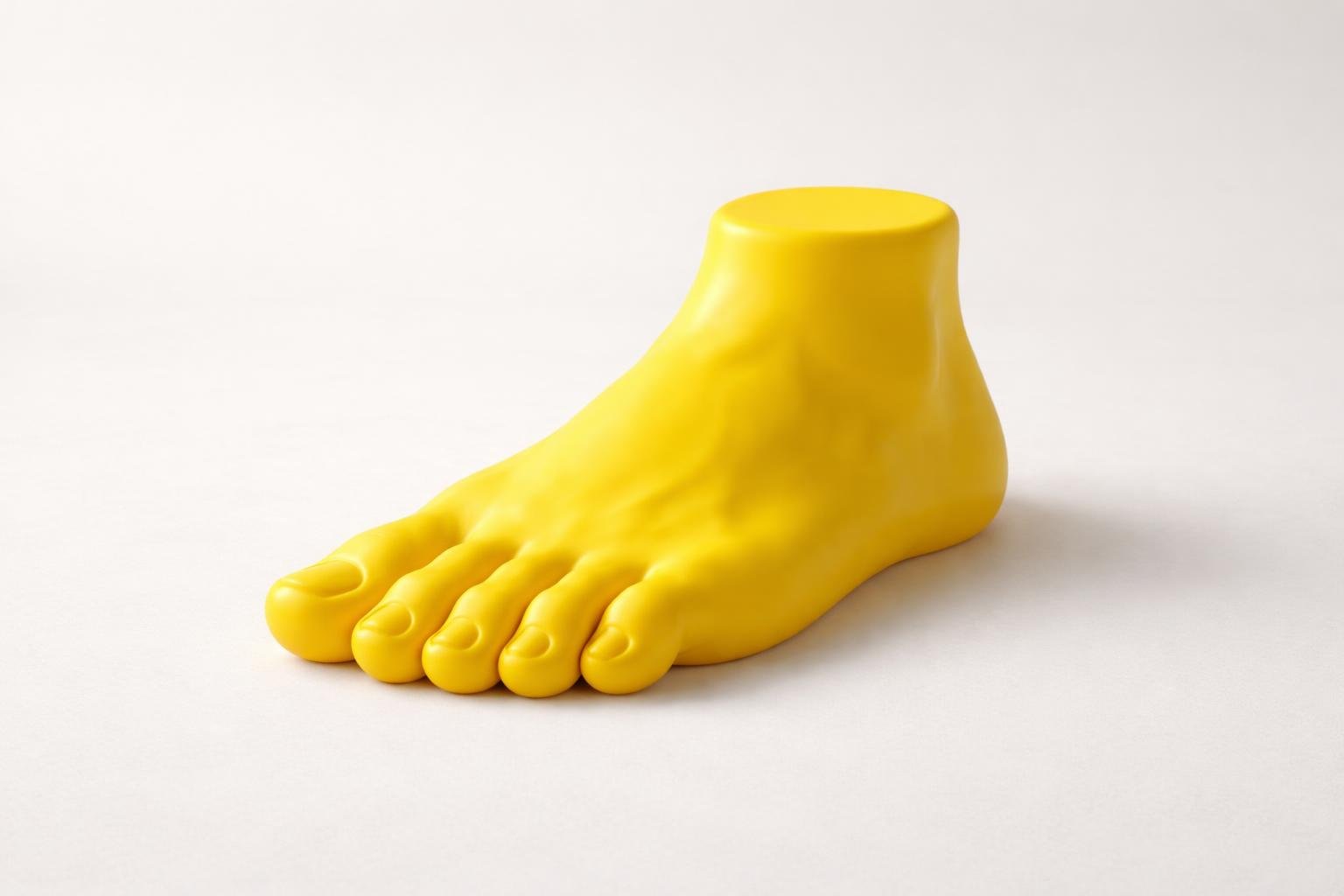 Objeto em forma de pé amarelo sobre fundo neutro e limpo.